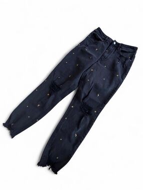 Tinseltown Black Distressed Jeans with Gold Embroidered Moon & Stars